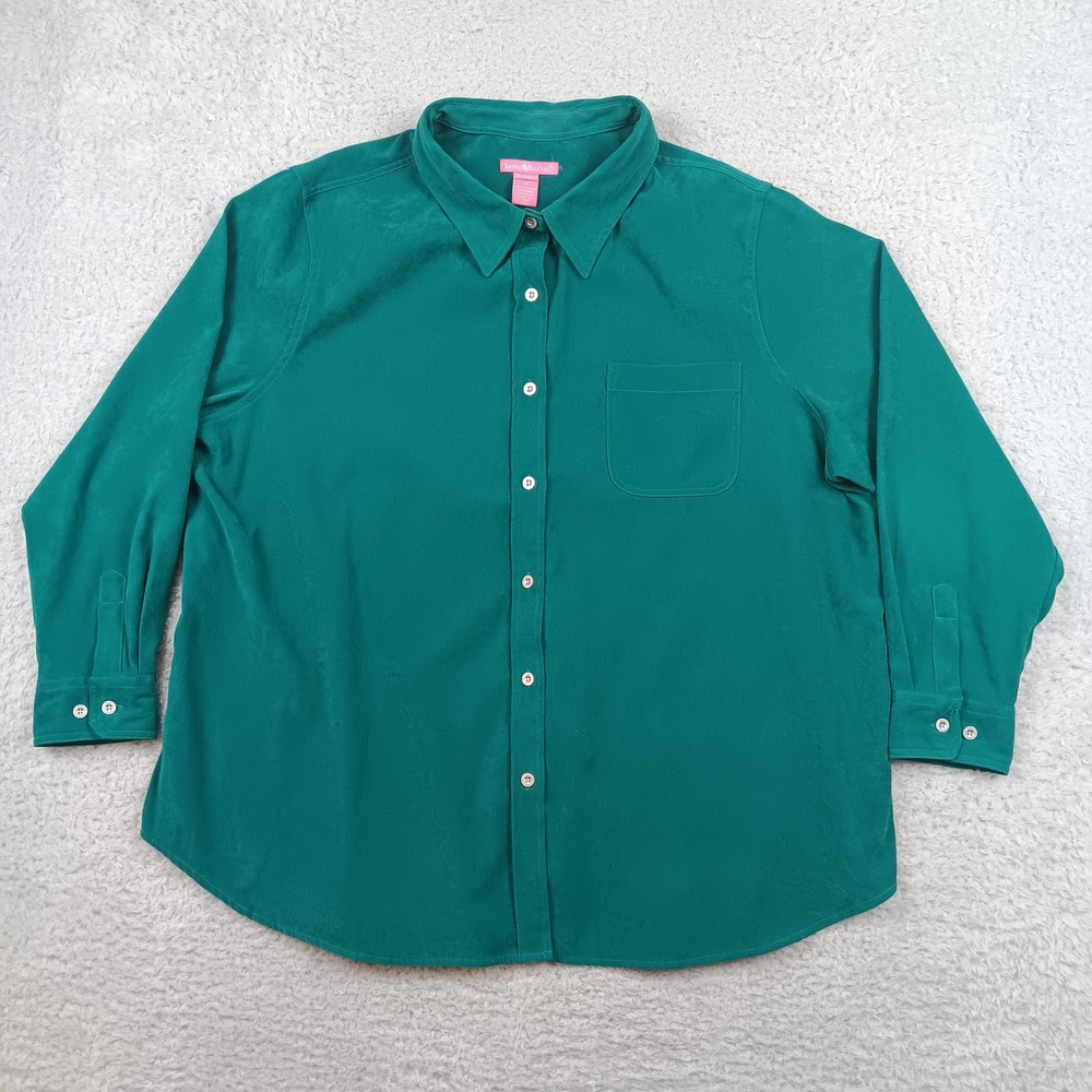Woman Within Button Down Shirt Woman 2X Teal Green Stretch Pocket 30-5503-5